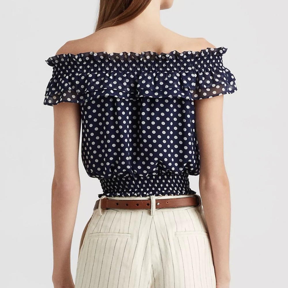 Ralph Lauren Navy Polka Dot Off-Shoulder Blouse - Picture 2 of 10